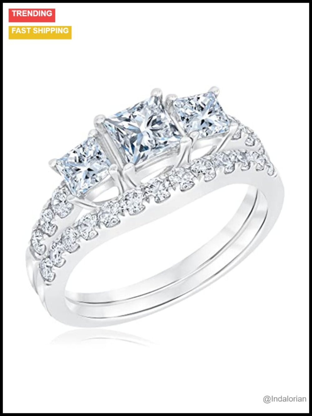 2 Ct Princess 3 Stone Moissanite Bridal Set Platinum Plated Silver
